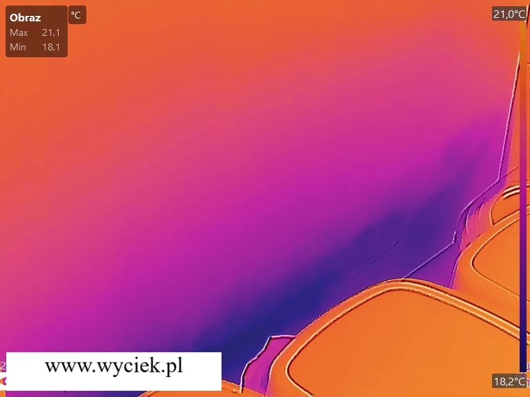 Lokalizacja wycieku wody w ścianie przy użyciu kamery termowizyjnej – widoczna strefa zawilgocenia