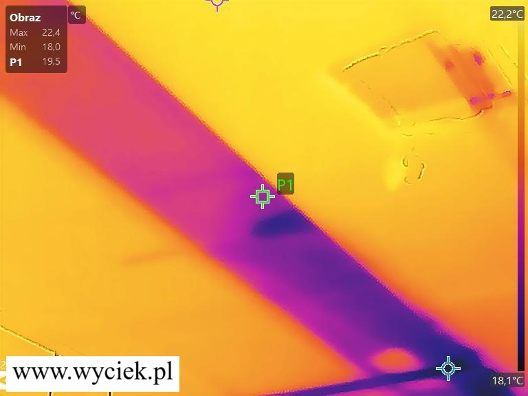 Mokry sufit w kuchni z zaciekami, odspojoną farbą i pleśnią po zalaniu od sąsiada.