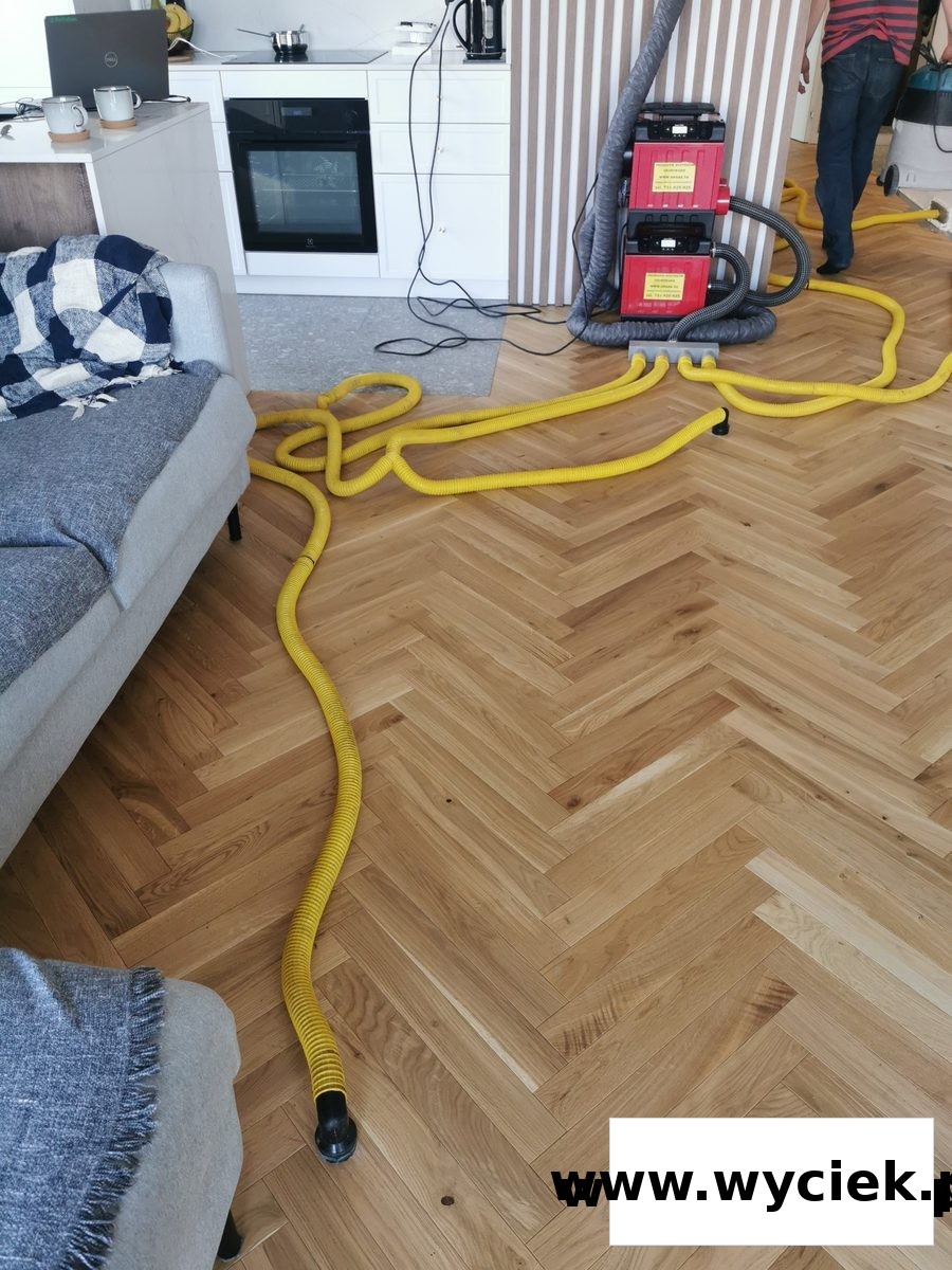 Mokra wylewka i woda pod posadzką po zalaniu mieszkania