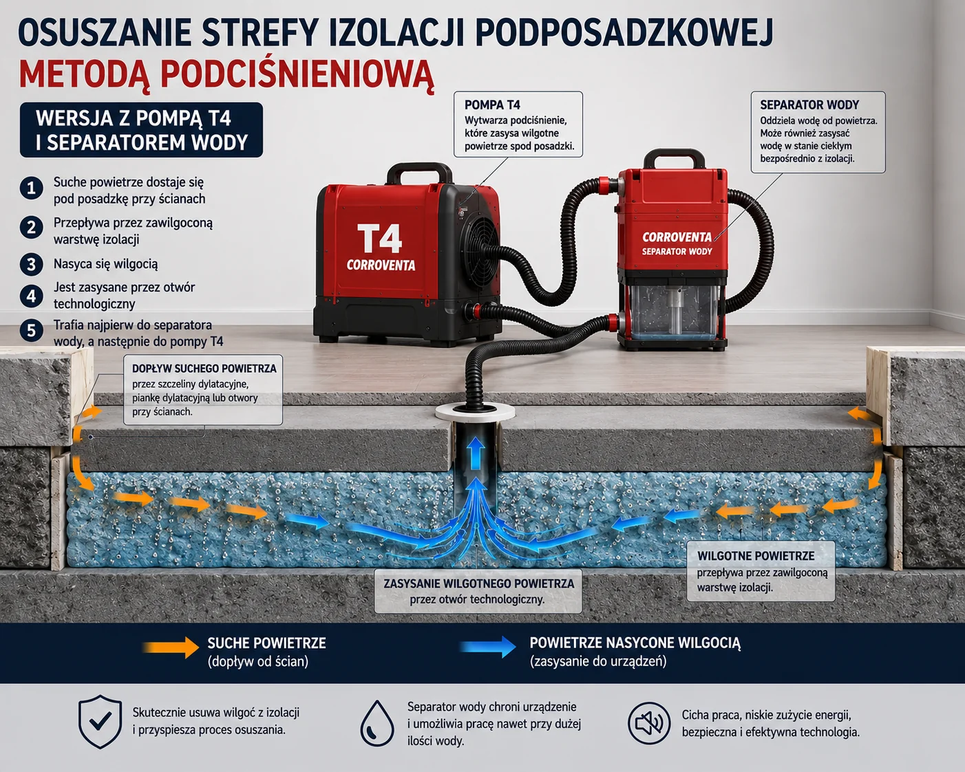 Osuszanie Tychy metodą podciśnieniową z pompą T4 i separatorem wody