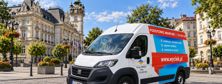 Samochód serwisowy Termeo na tle ratusza w Bielsku-Białej – wizualizacja
