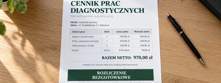 Wydruk cennika lokalizacji wycieków z tabelą prac diagnostycznych i informacją o rozliczeniu bezgotówkowym.