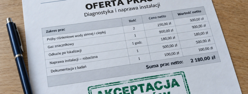 Rozliczenie bezgotówkowe – przykładowa oferta Termeo z cenami netto i zieloną pieczątką „AKCEPTACJA KOSZTÓW”.