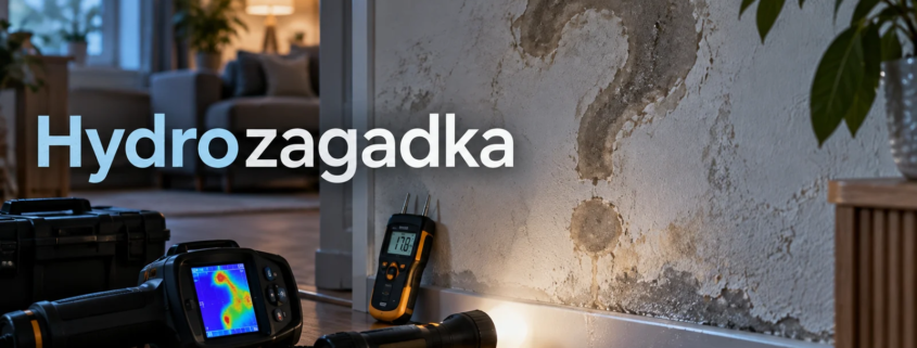 Hydrozagadka – plama wilgoci w kształcie znaku zapytania na ścianie, kamera termowizyjna i miernik wilgotności.
