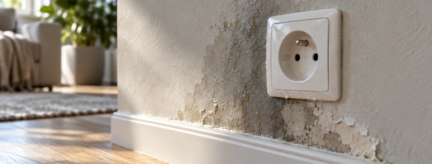 Zalana instalacja elektryczna z mokrym gniazdkiem i uszkodzonym tynkiem przy podłodze